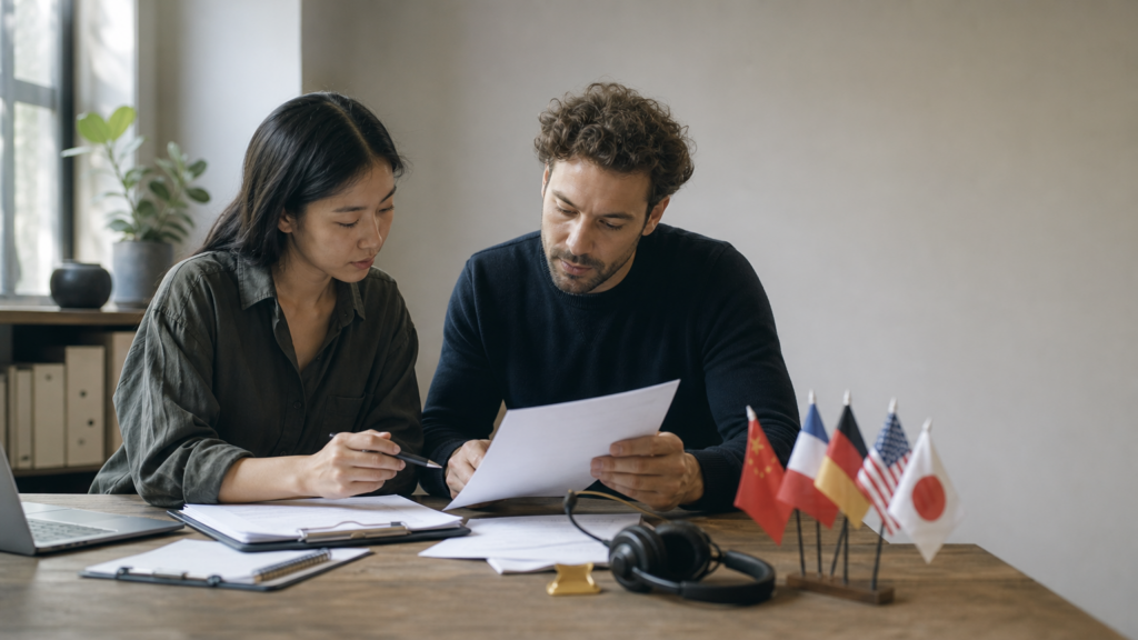 A linguist and coordinator collaborate at a desk surrounded by language flags and a headset.