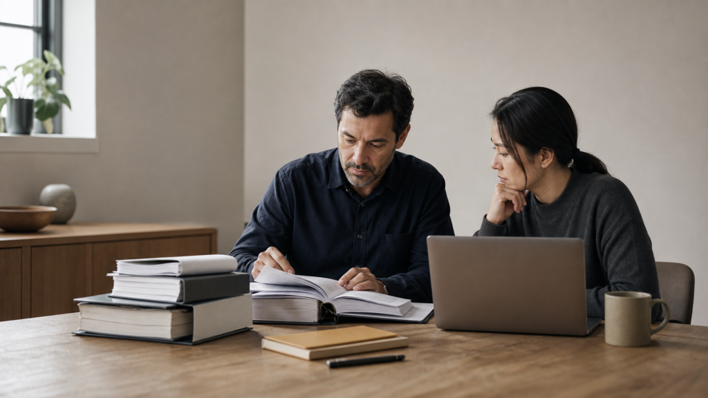 A project manager and translator review legal binders and technical manuals together at a table.