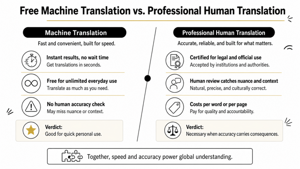 A comparison chart contrasting free machine translation with professional human translation across four points each.